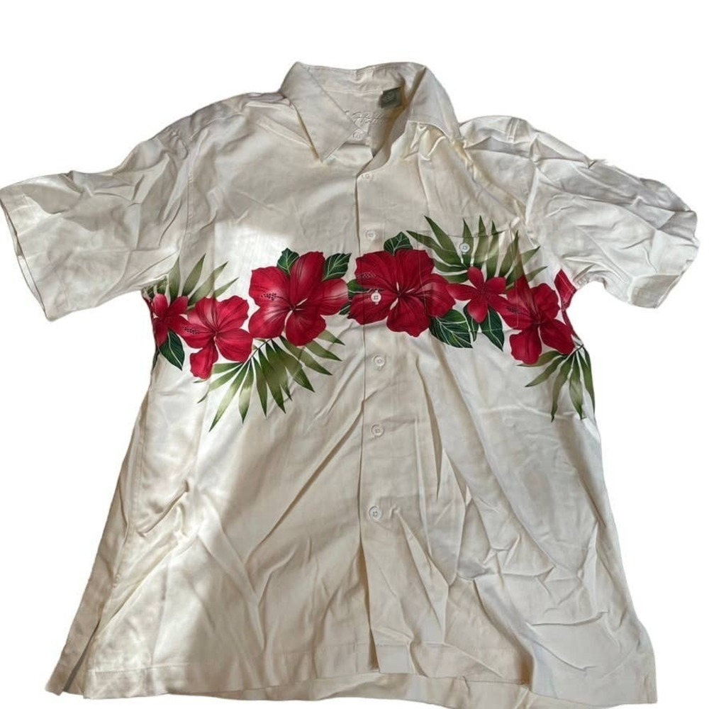 Hilo Hattie Mens Silk Aloha Shirt‎ Red Hibiscus Floral Print Cream Short Sleeve